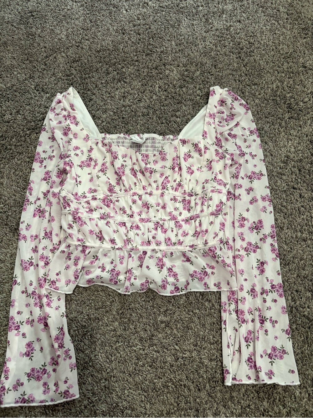 White and Pink Floral Square-Neck Long Sleeve Crop Top